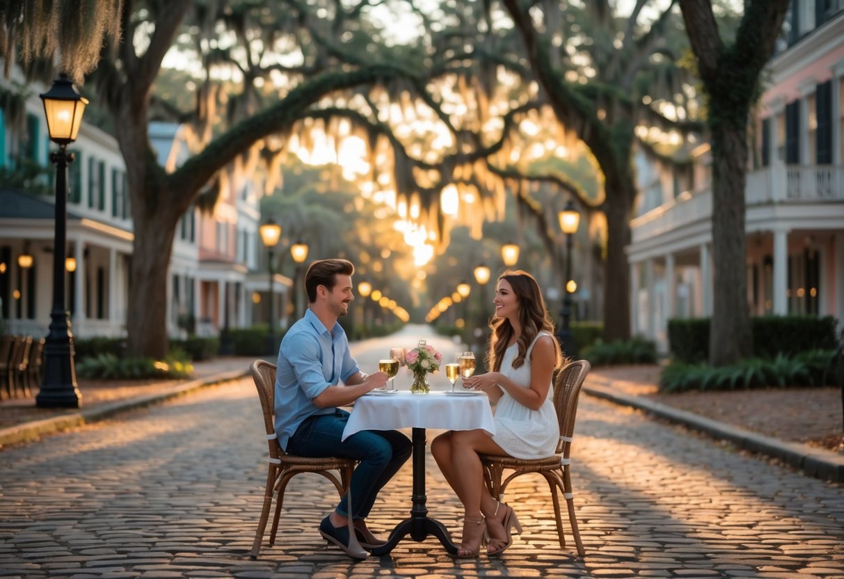 A couple enjoying a romantic outdoor café date on a cobblestone street lined with oak trees and historic buildings in Savannah, Georgia.