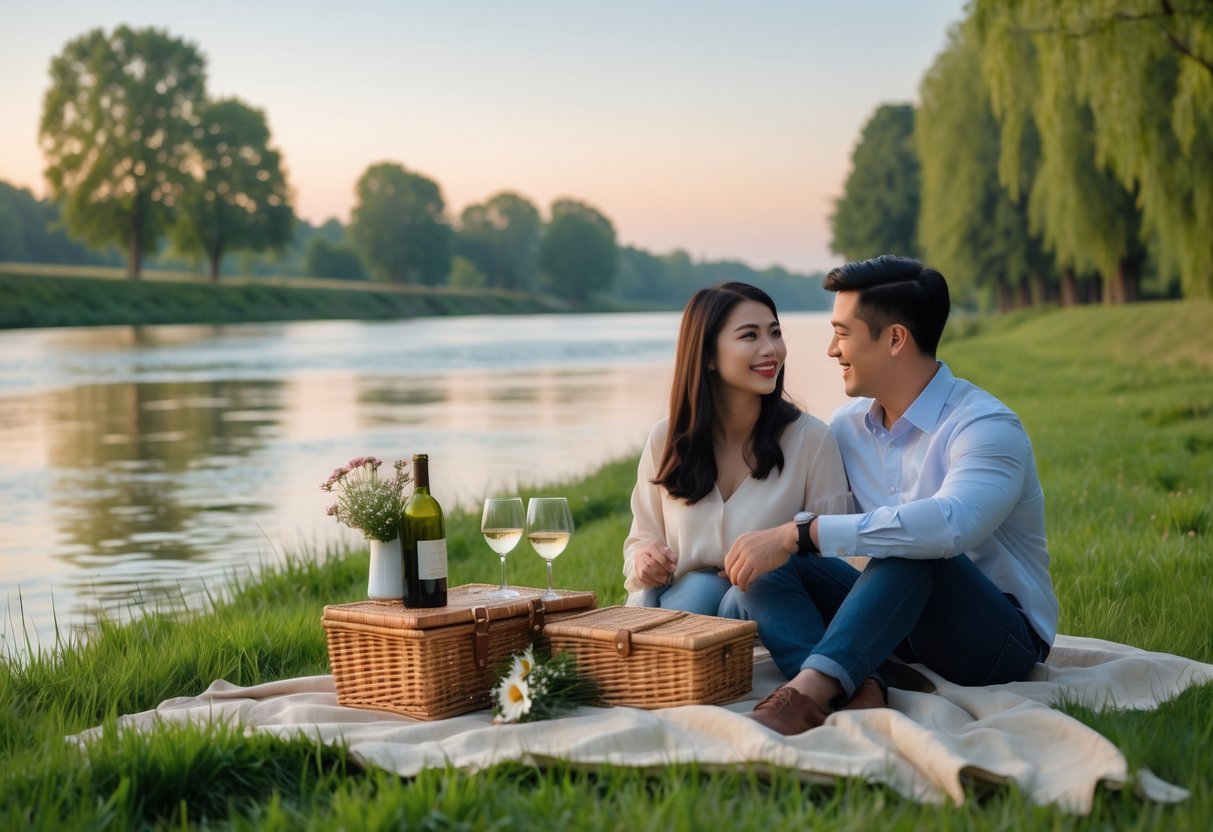 A young couple sitting on a picnic blanket by a calm river, surrounded by trees and enjoying a peaceful riverside date.