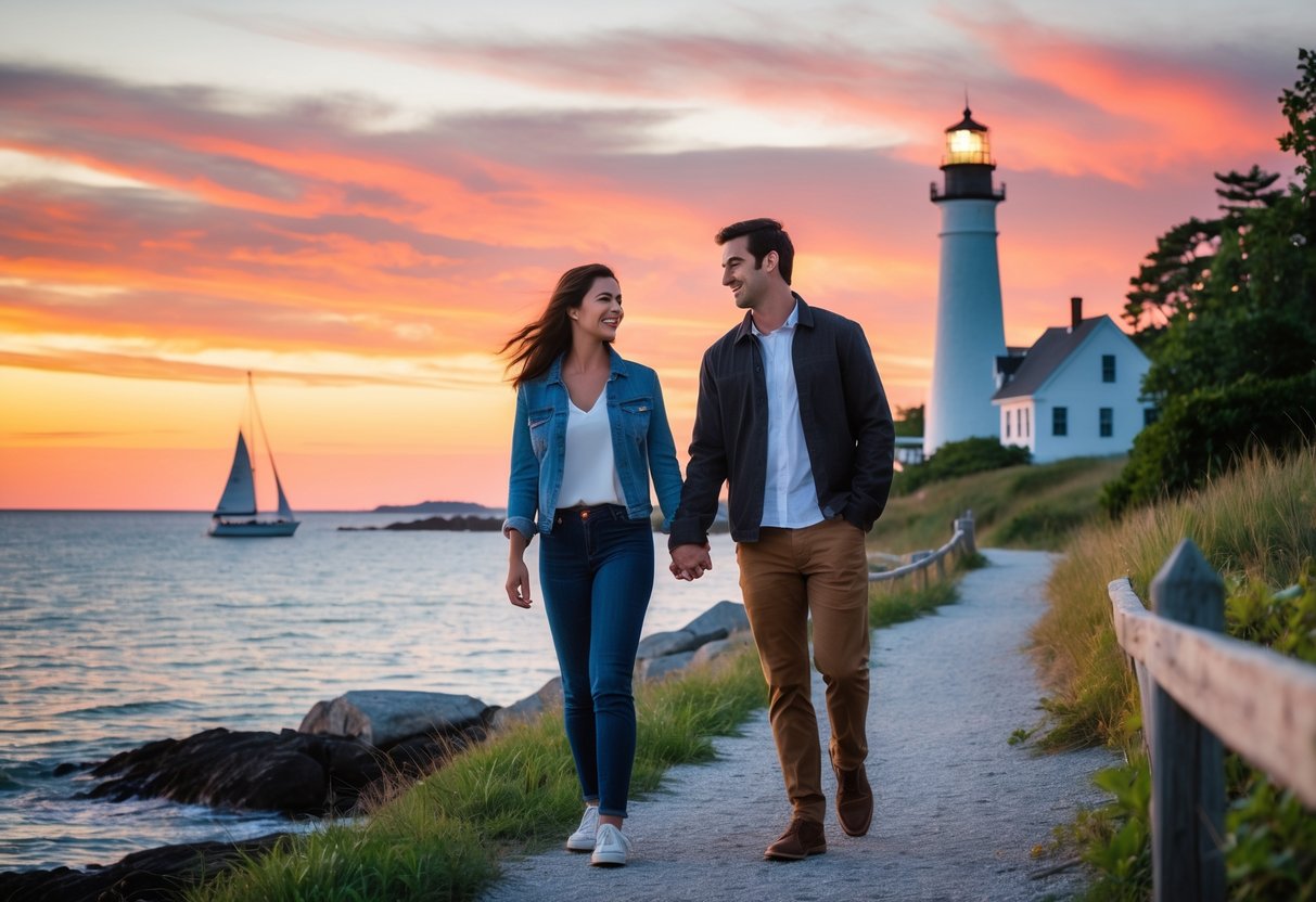 A young couple walking hand in hand along a coastal path with a lighthouse and sailboats in the background during sunset.