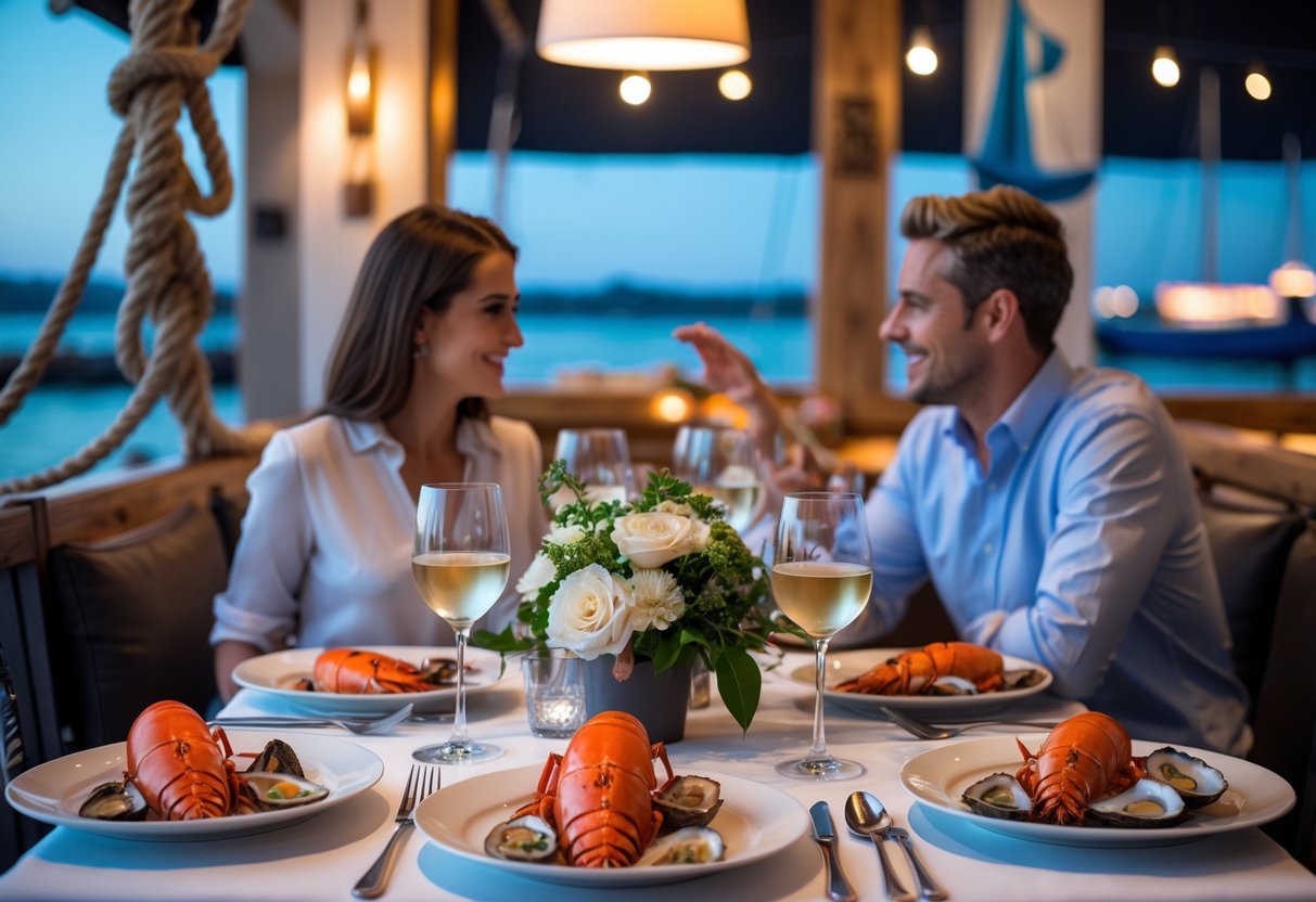 A couple enjoying a seafood dinner at a softly lit restaurant with nautical decor.