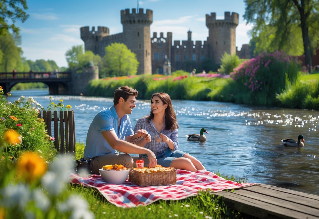 A young couple enjoying a playful riverside date near a castle-like park with greenery and a river in the background.