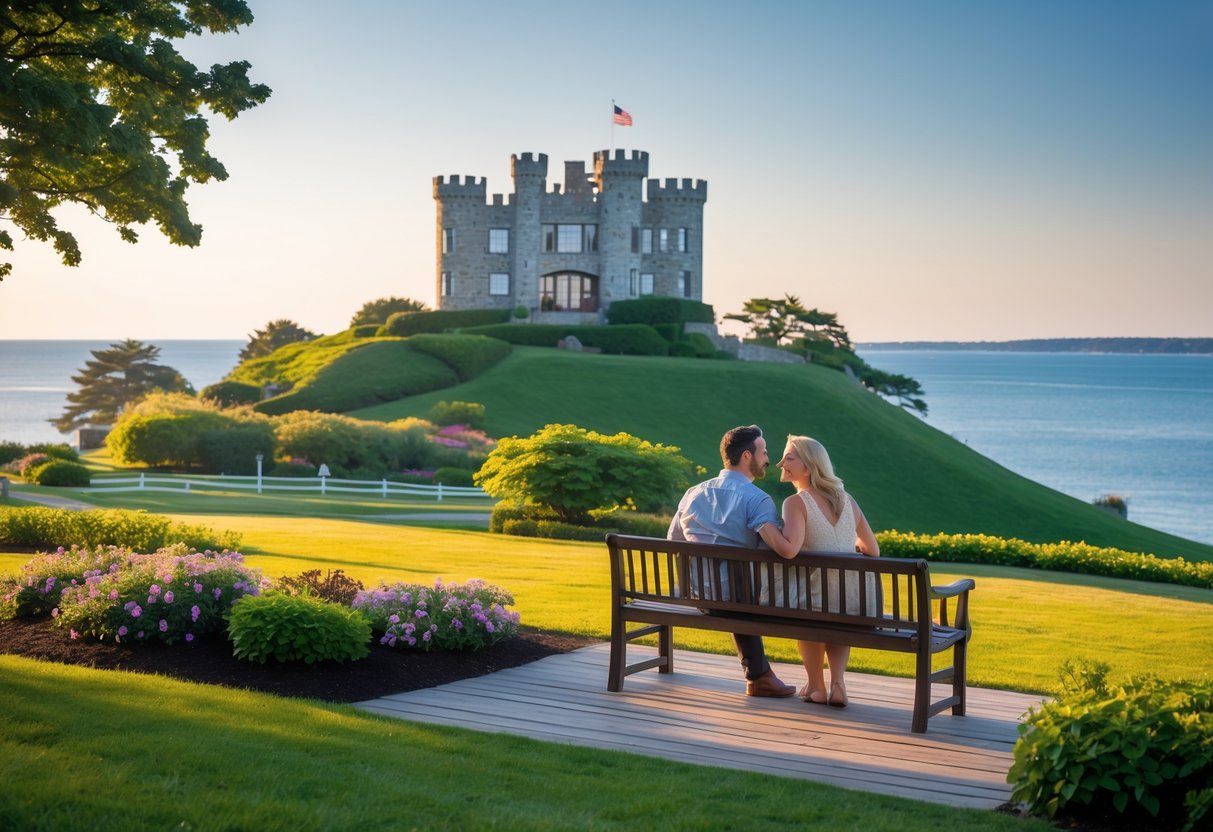 A couple sitting on a bench near a stone castle on a green hill overlooking the ocean.