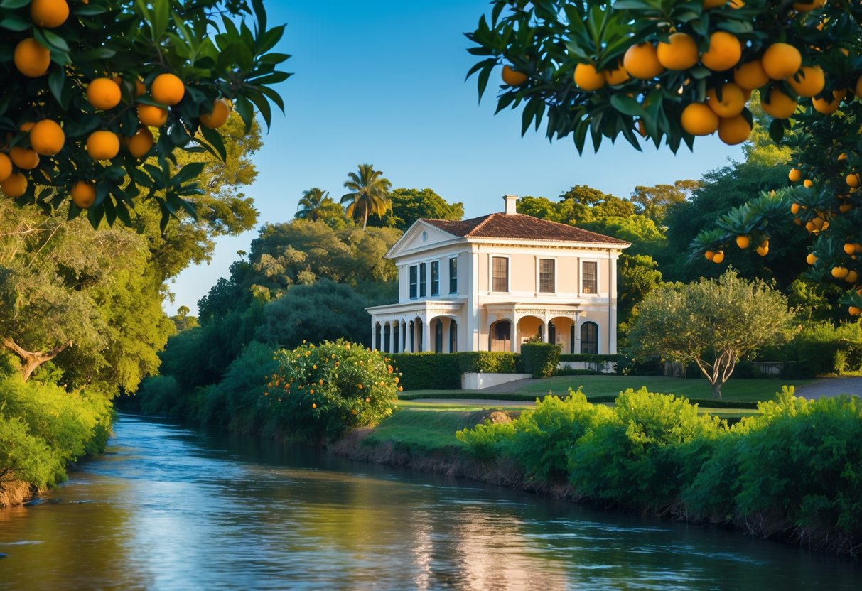 A historic heritage house near a calm river, surrounded by orange groves with ripe fruit under a clear sky.