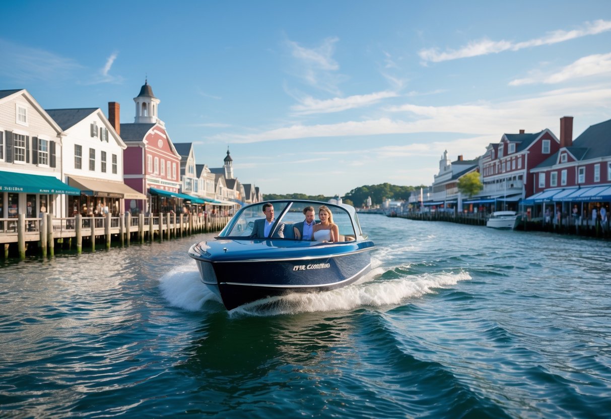 A couple enjoying a water taxi ride near Bannister’s Wharf with colorful waterfront buildings and calm harbor waters in the background.
