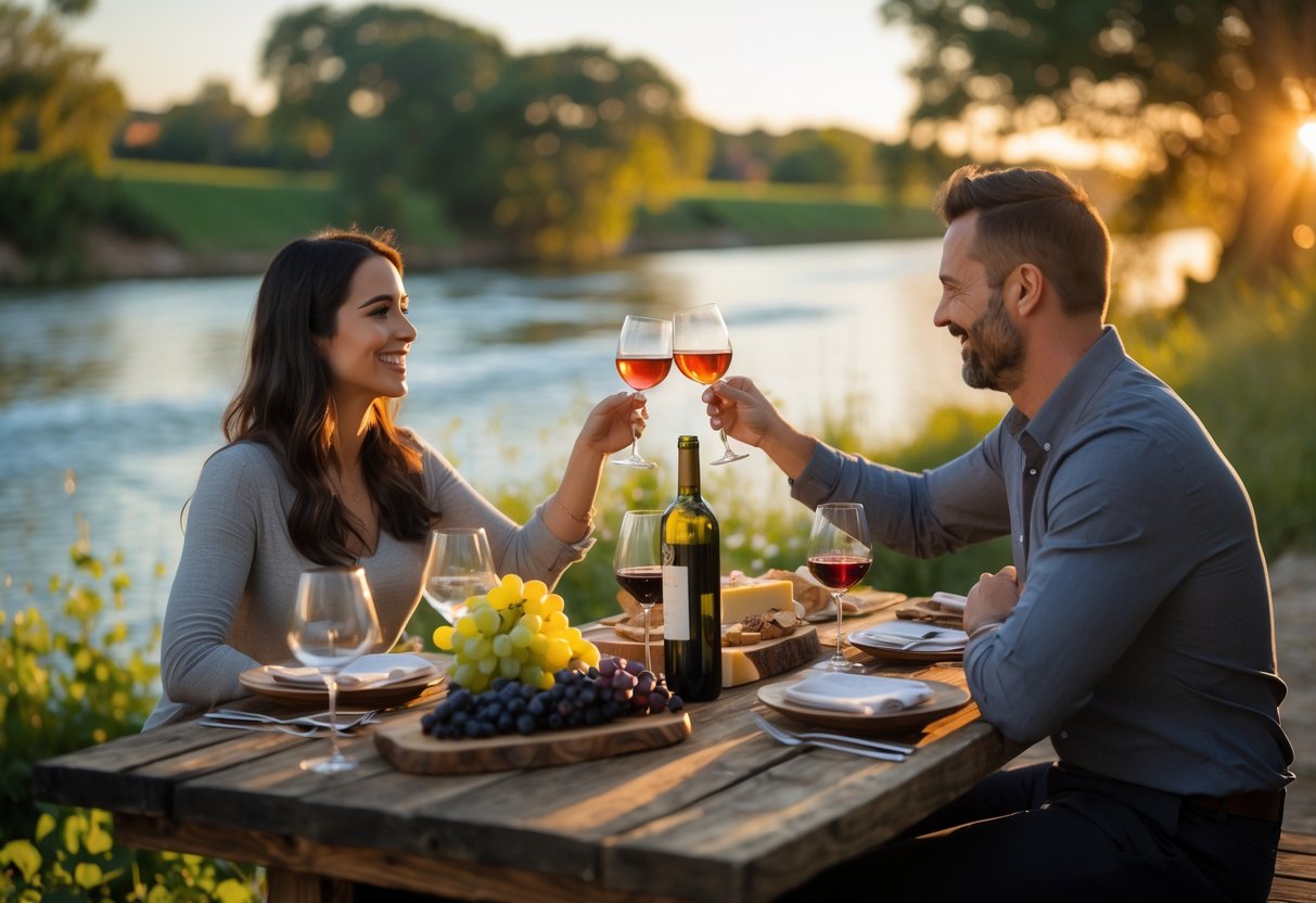 A couple enjoying wine tasting together at a wooden table by a calm river surrounded by greenery.