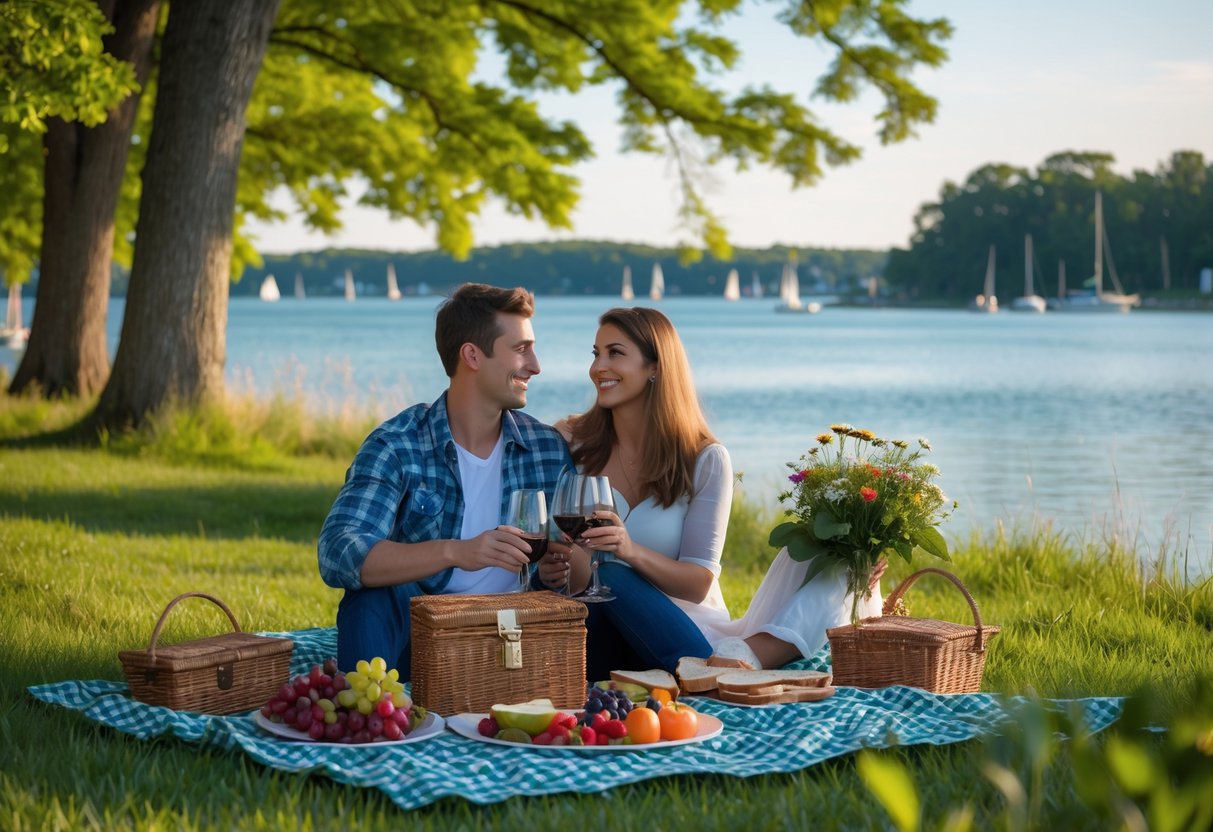 A couple enjoying a picnic on a blanket near the water at Colt State Park with trees and sailboats in the background.