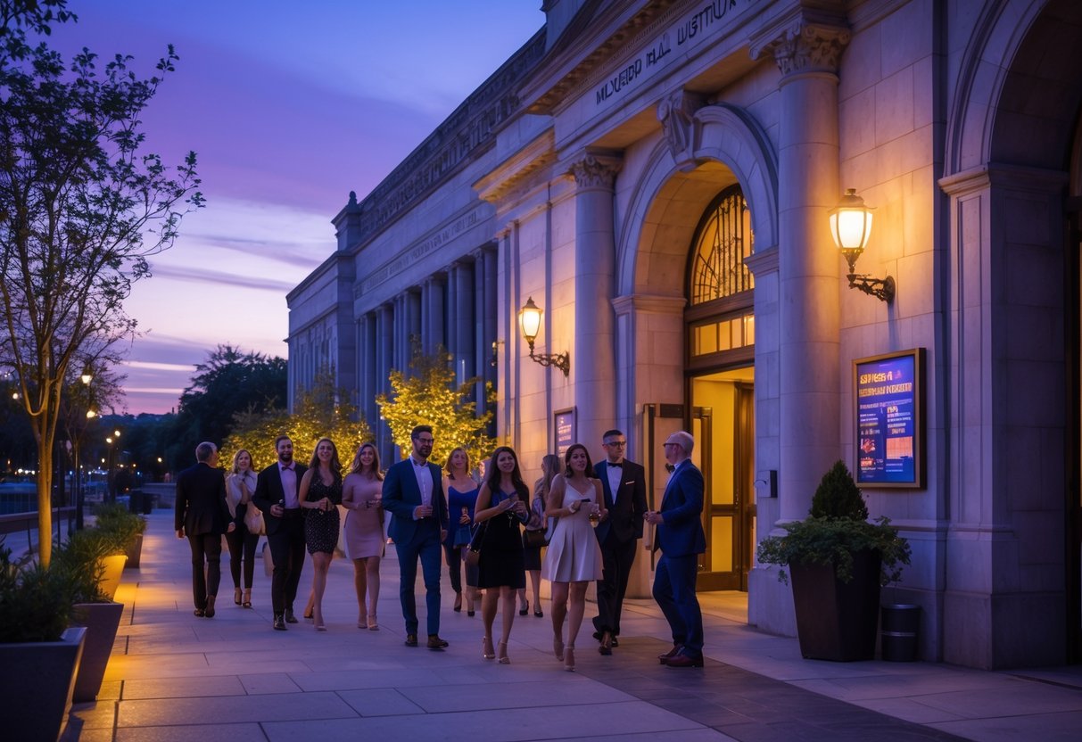 People arriving and socializing outside the Riverside Municipal Auditorium at dusk, preparing to attend a show.