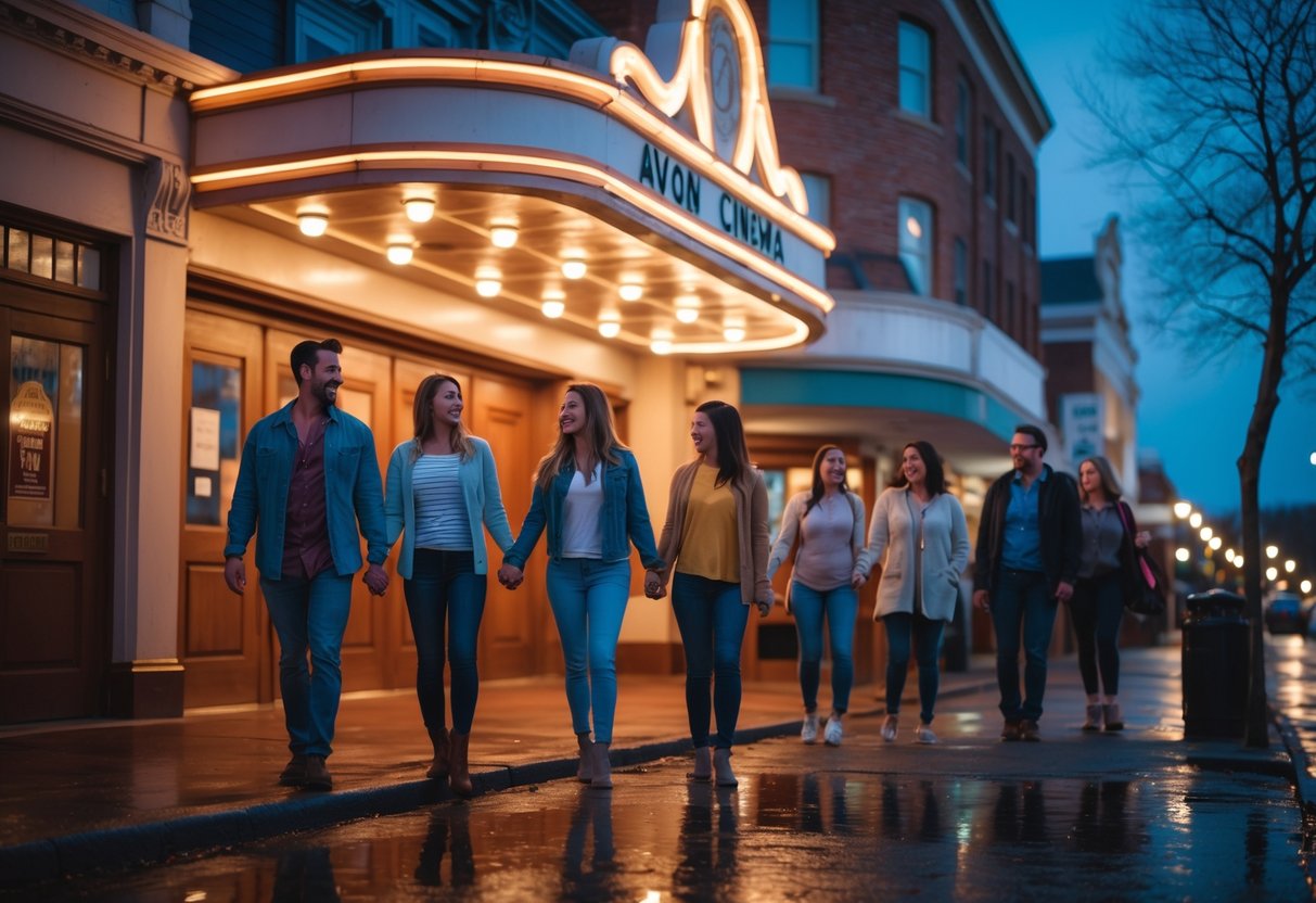 A couple holding hands outside a vintage movie theater at dusk with warm lights and other people nearby.