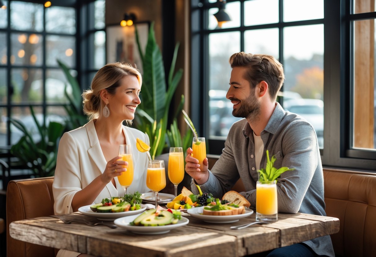A couple enjoying brunch together at a cozy restaurant table with food and drinks, smiling and talking.