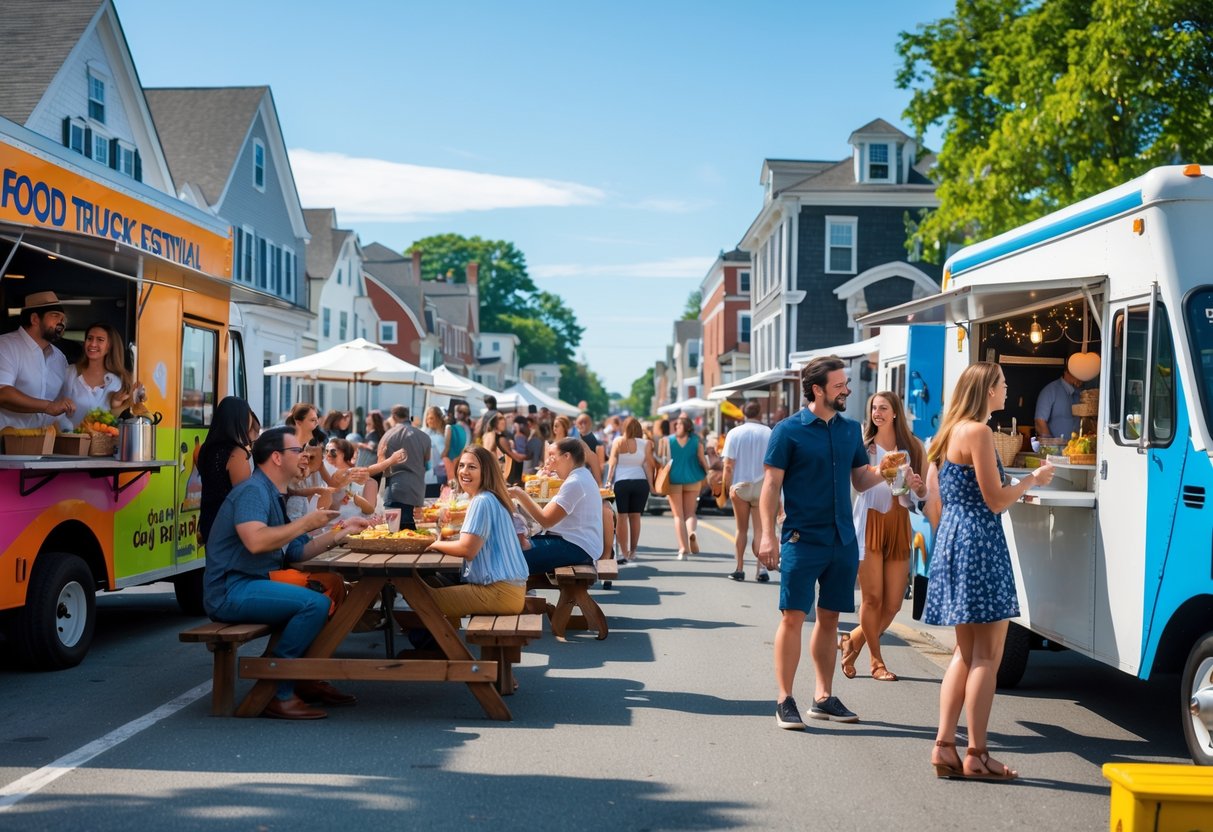 Couples enjoying a sunny outdoor food truck festival in Rhode Island with colorful trucks and people eating and socializing.