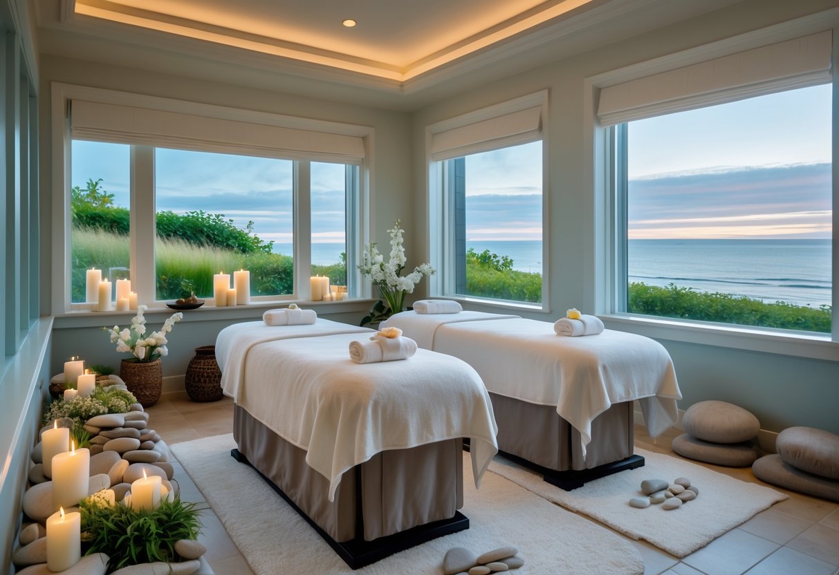 A peaceful spa room with two massage tables side by side, candles, flowers, and a view of the ocean through large windows.