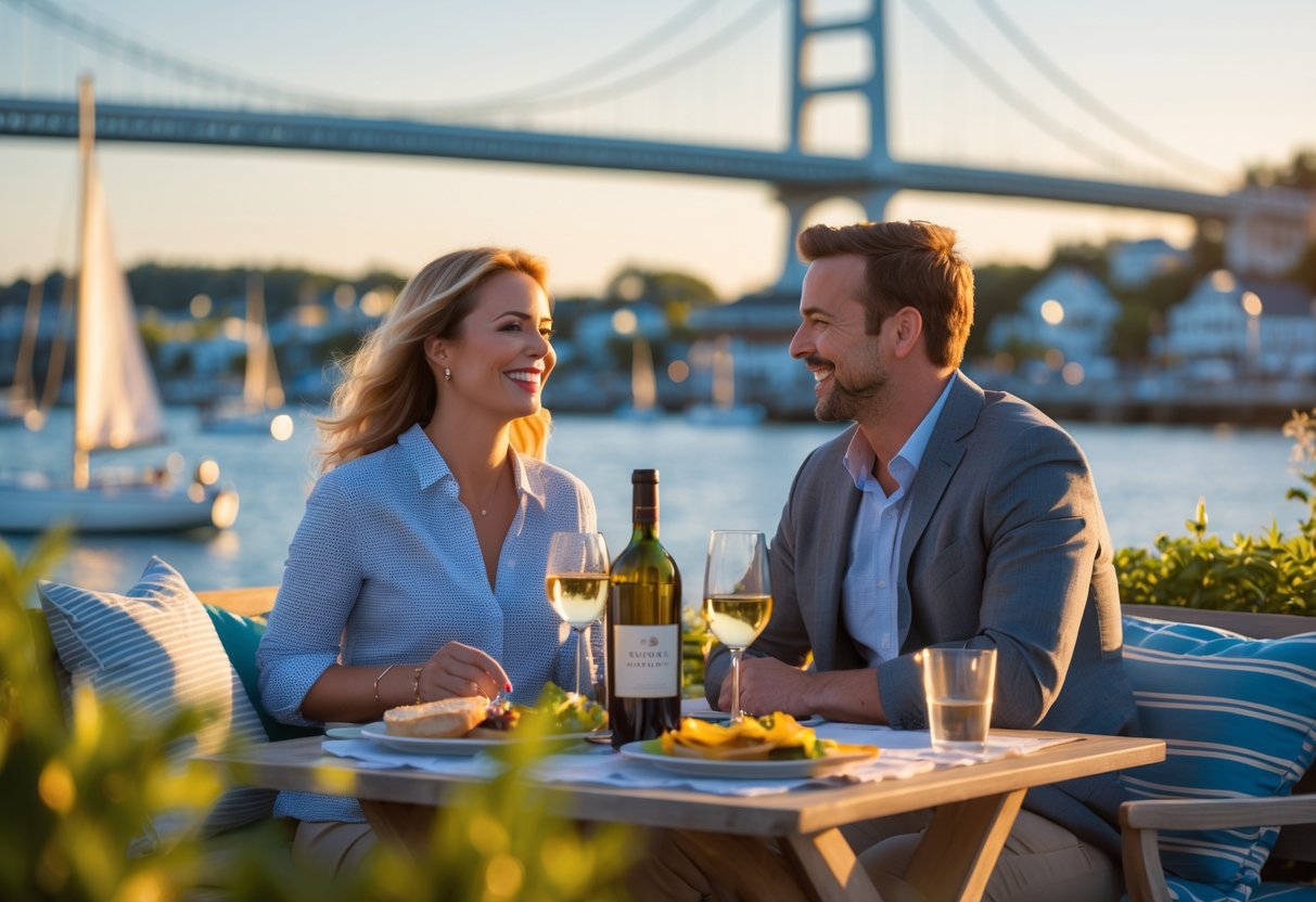 A couple enjoying a romantic outdoor picnic by the water with sailboats and a bridge in the background.
