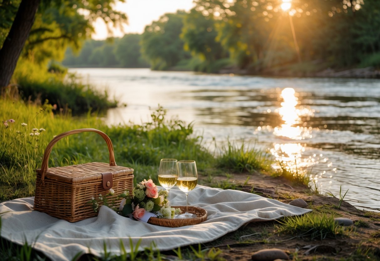 A cozy picnic setup by a river with trees and soft sunlight, showing a couple sitting close together near the water.