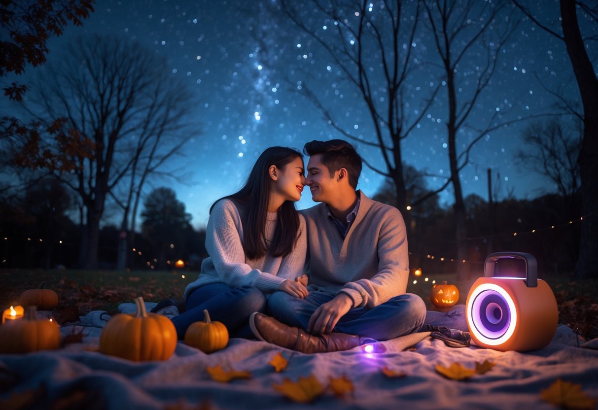 A young couple sitting on a blanket outdoors at night, listening to music and looking up at the starry sky surrounded by autumn leaves and Halloween decorations.
