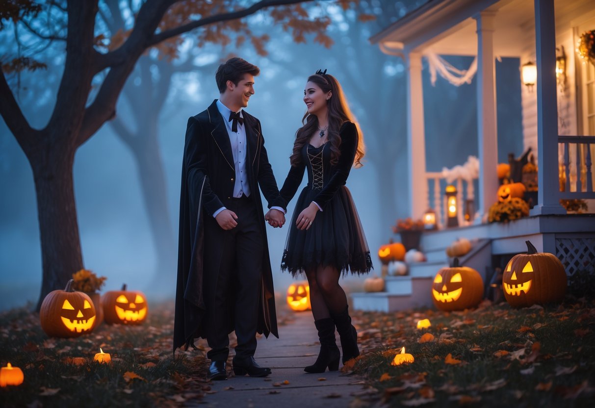 A teenage couple dressed in Halloween costumes standing outdoors at twilight surrounded by jack-o'-lanterns and autumn leaves, smiling and holding hands.