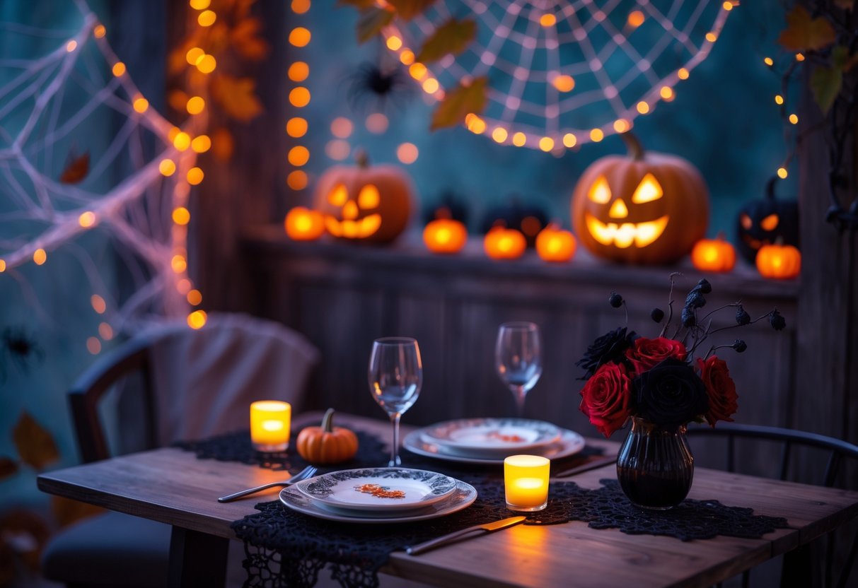 A cozy indoor setting decorated for a Sweet 16 Halloween date with pumpkins, candles, string lights, and a table set for two.