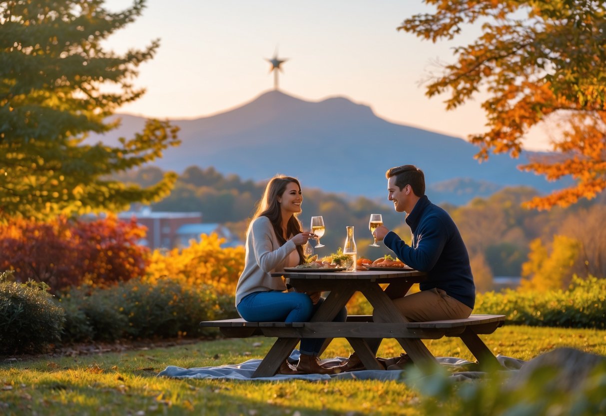 A young couple enjoying a romantic outdoor picnic at sunset with the Roanoke Star and mountains in the background.