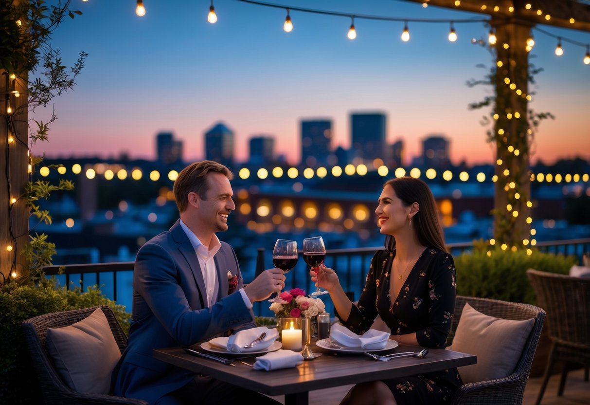 A couple enjoying a romantic dinner outdoors at night with the Richmond skyline in the background.