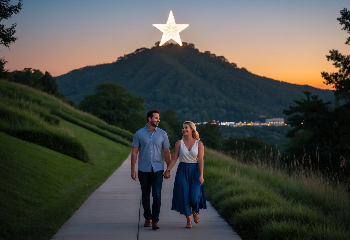 A couple walking hand in hand beneath the illuminated Roanoke Star at Mill Mountain Park during sunset.