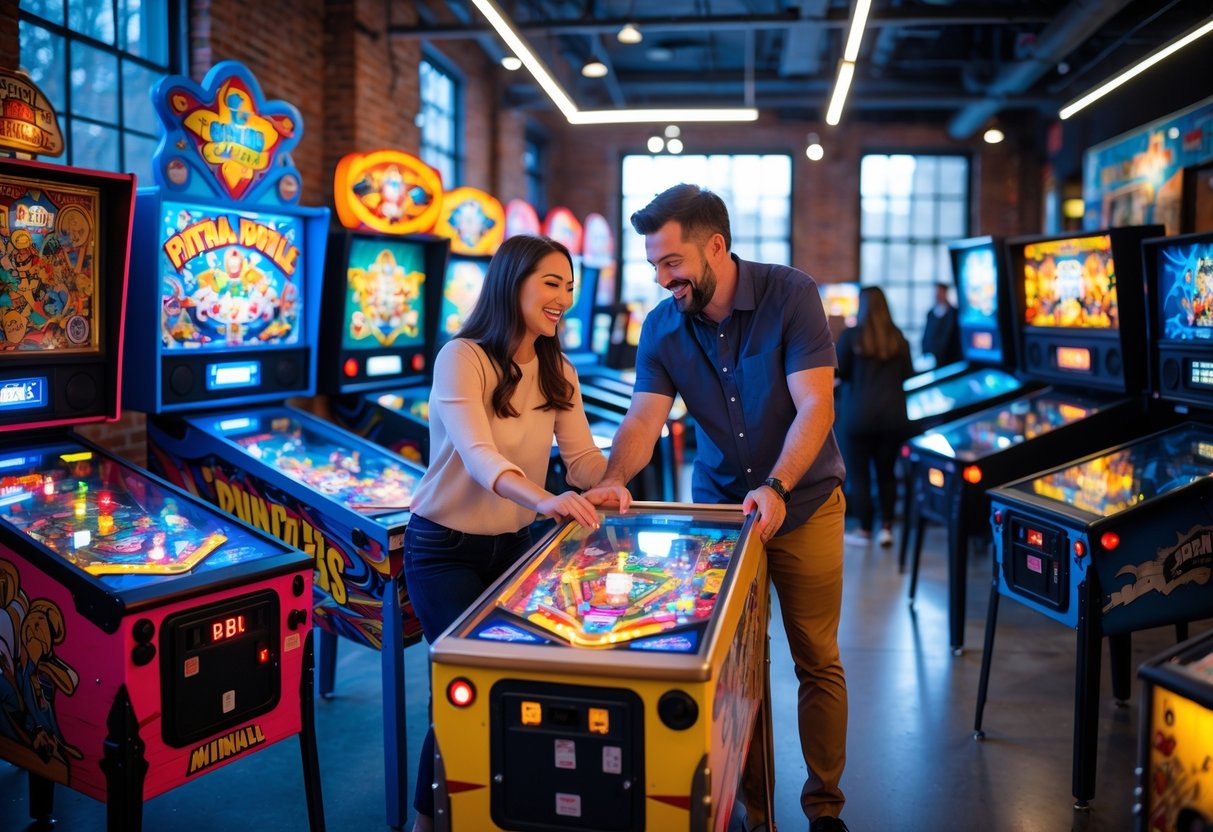 A couple playing vintage pinball machines inside a brightly lit arcade museum.