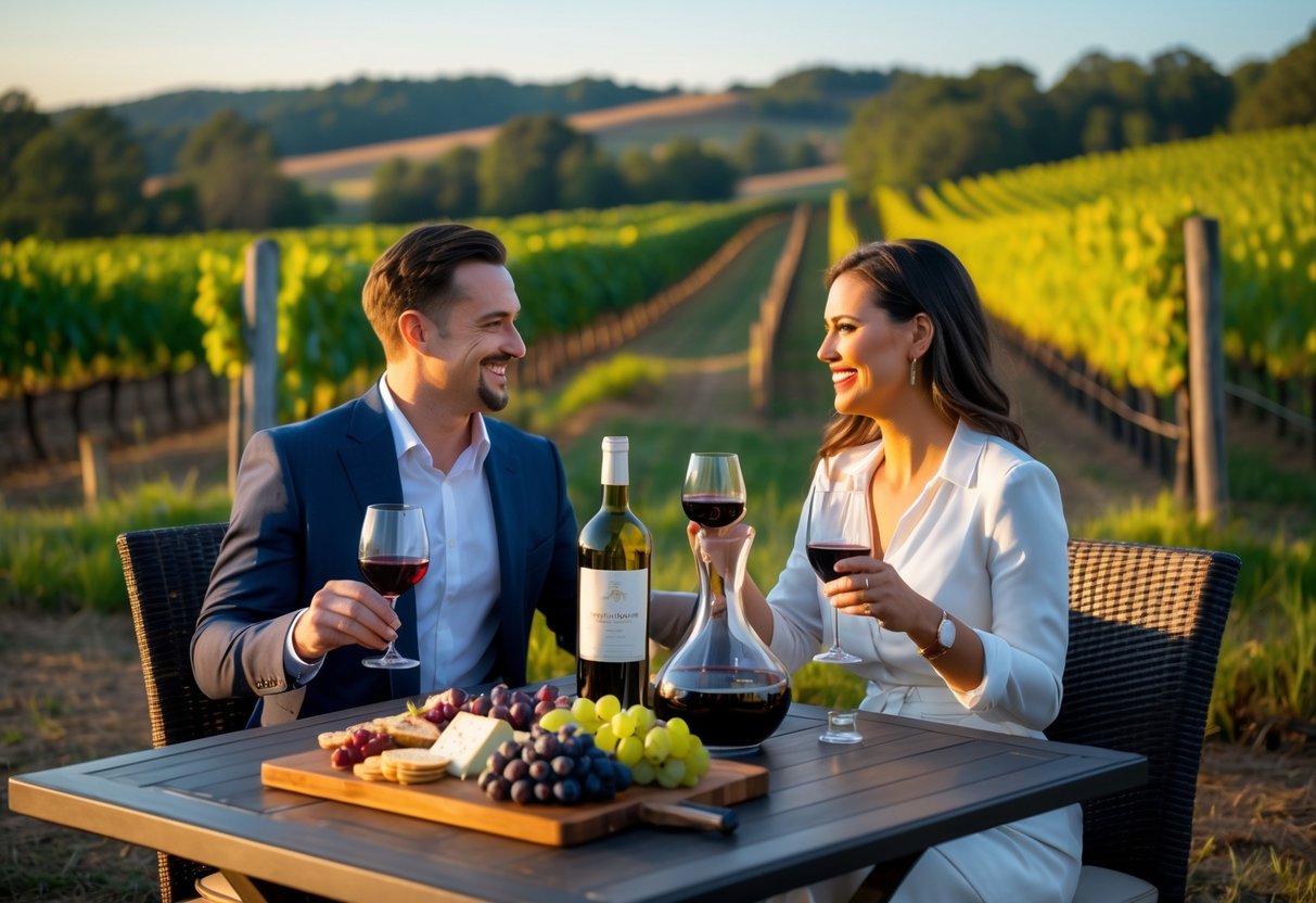 A couple enjoying wine tasting together at a vineyard table outdoors surrounded by grapevines.