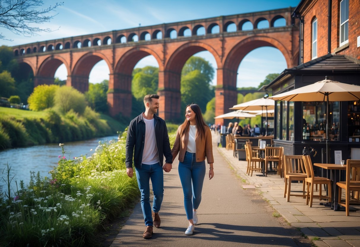 A young couple walking hand in hand near the Stockport Viaduct on a sunny day, surrounded by greenery and an outdoor café.