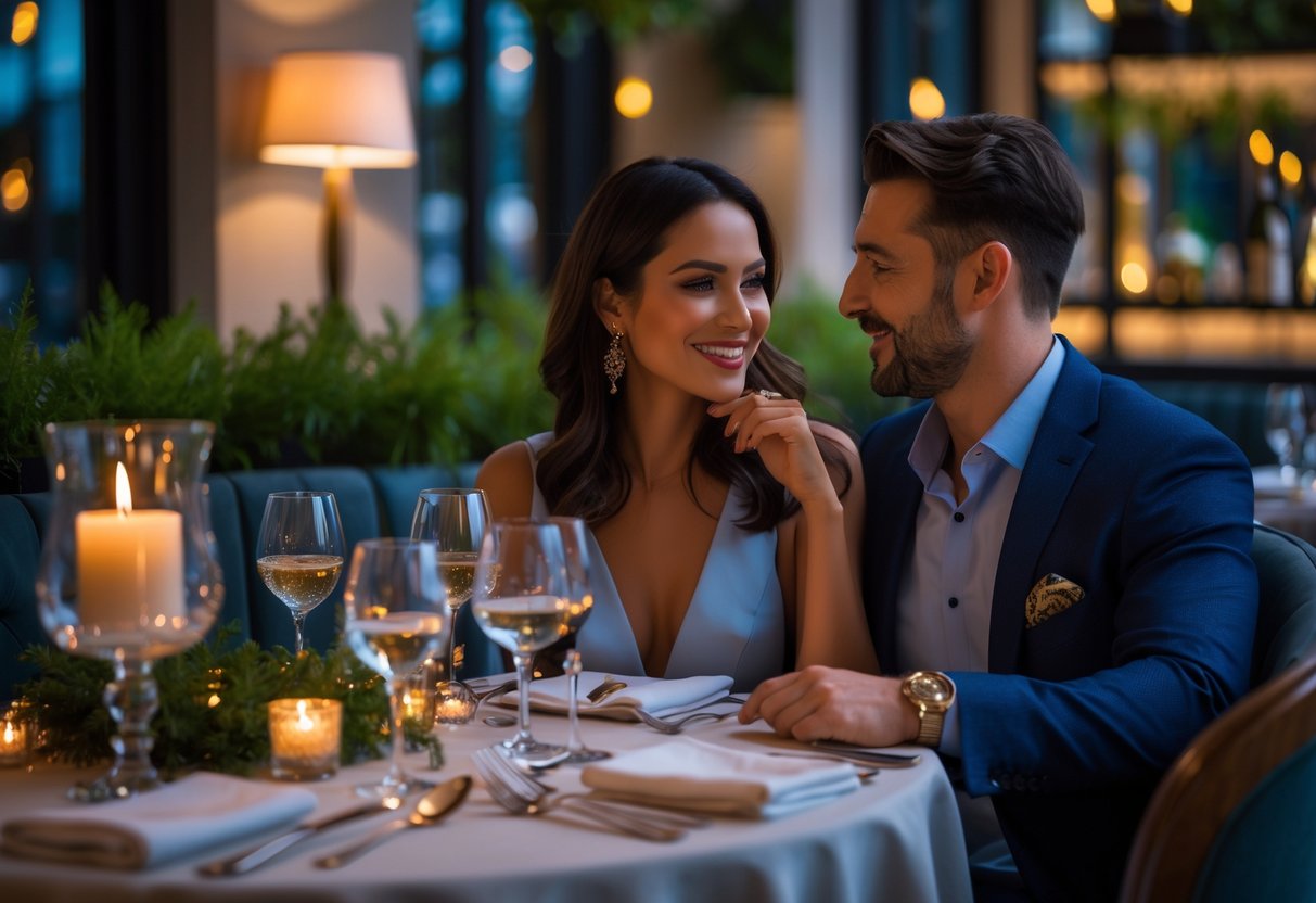 A couple enjoying an intimate dinner at a stylish restaurant with a candlelit table.