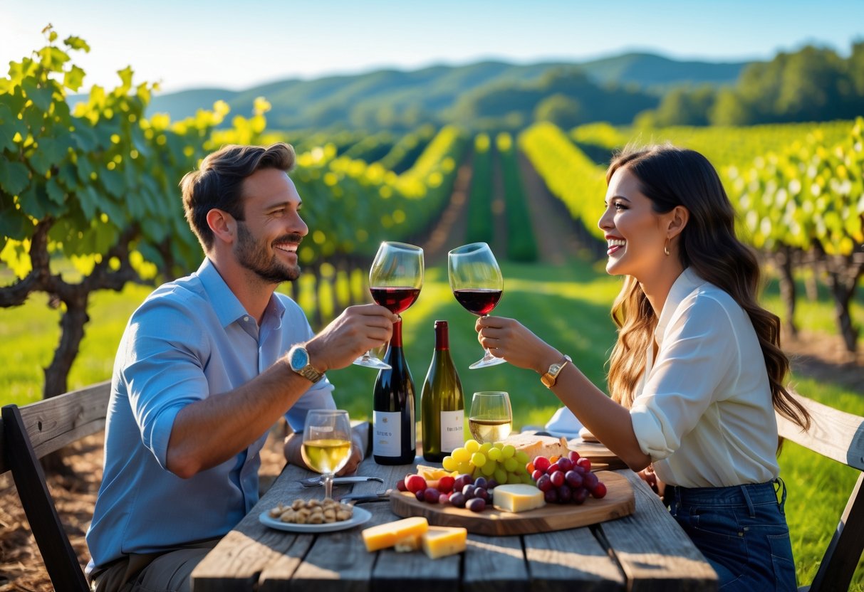 A couple enjoying wine tasting at a local Roanoke winery, seated outdoors at a wooden table with wine glasses and a charcuterie board, surrounded by grapevines and rolling hills.