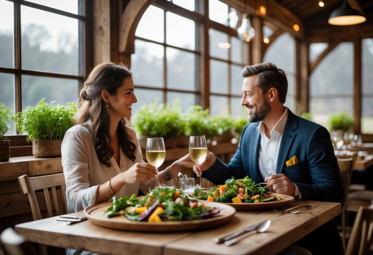 A couple enjoying a romantic dinner at a rustic farm-to-table restaurant with wooden tables and greenery.