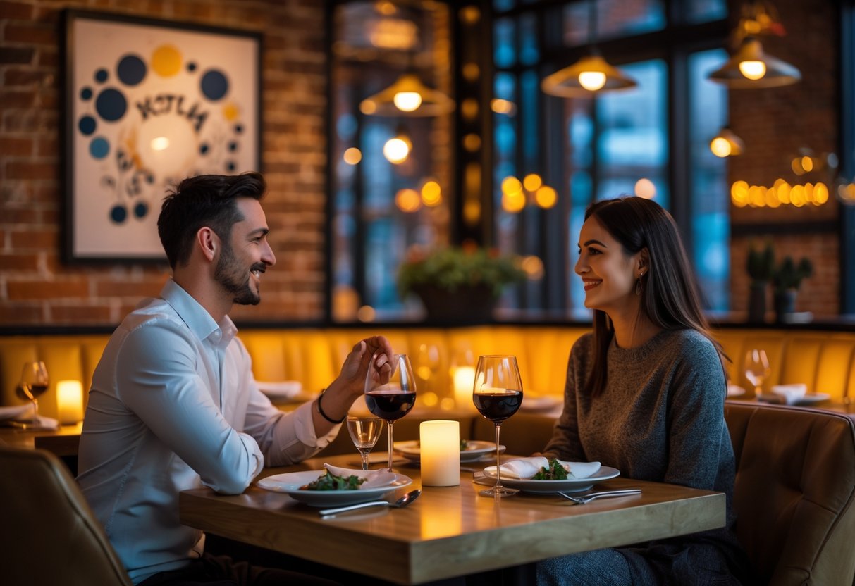 A couple enjoying a romantic dinner at a cozy restaurant with warm lighting and modern decor.