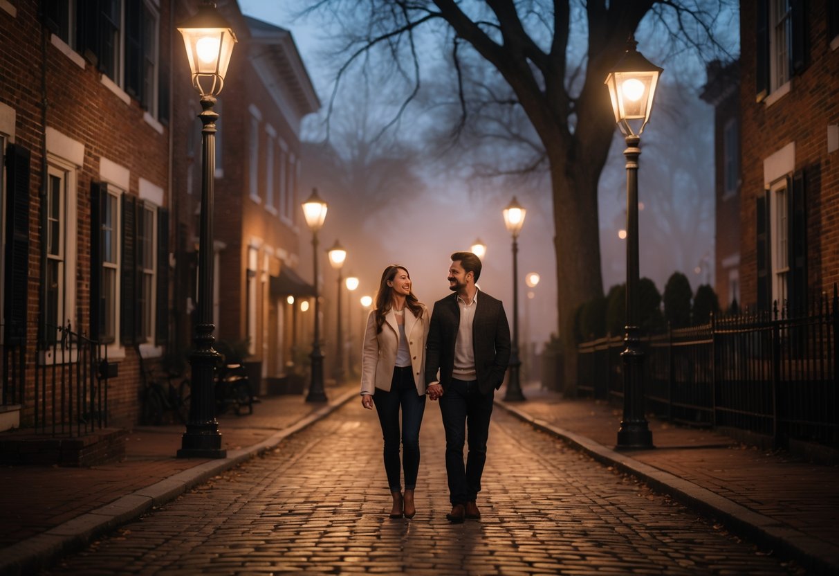 A couple walks hand-in-hand along a cobblestone street in historic Shockoe Bottom at night, with old brick buildings and street lamps glowing softly around them.