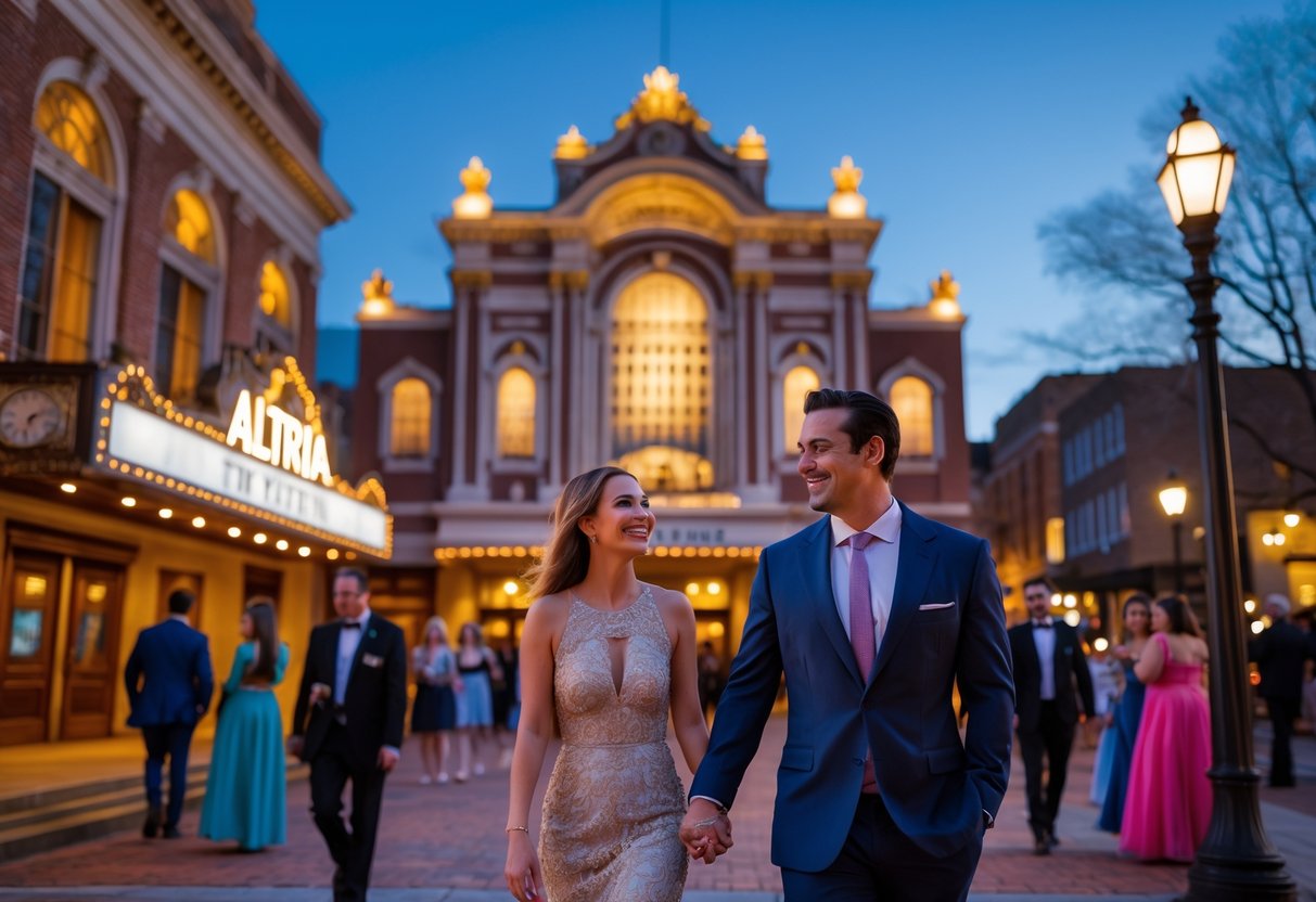 A couple walking hand in hand outside the Altria Theater in Richmond, Virginia, with other people nearby and the theater building visible in the background.