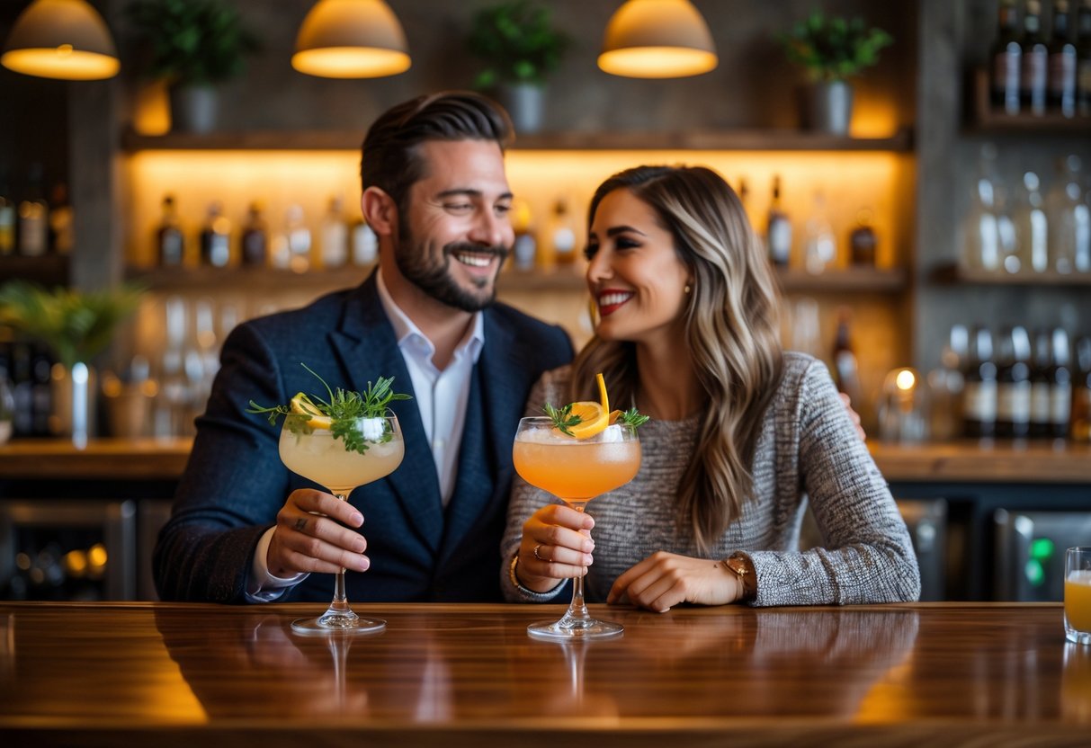 A couple enjoying craft cocktails at a cozy bar with warm lighting and a wooden counter.