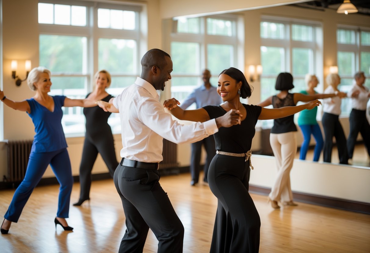 Couples dancing and taking a dance lesson together in a bright, spacious dance studio.