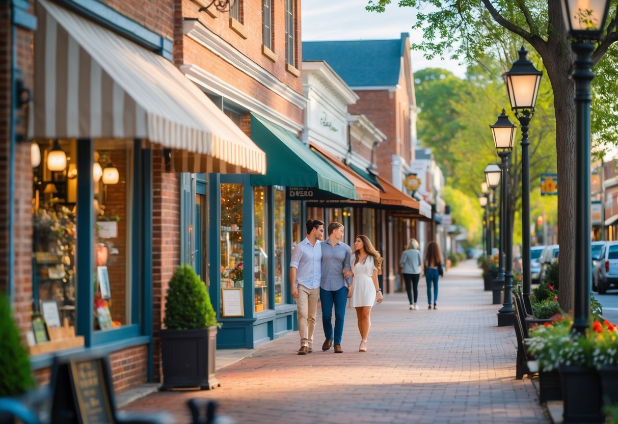 Couples walking and browsing shops on a lively street in Downtown Roanoke, Virginia on a sunny day.