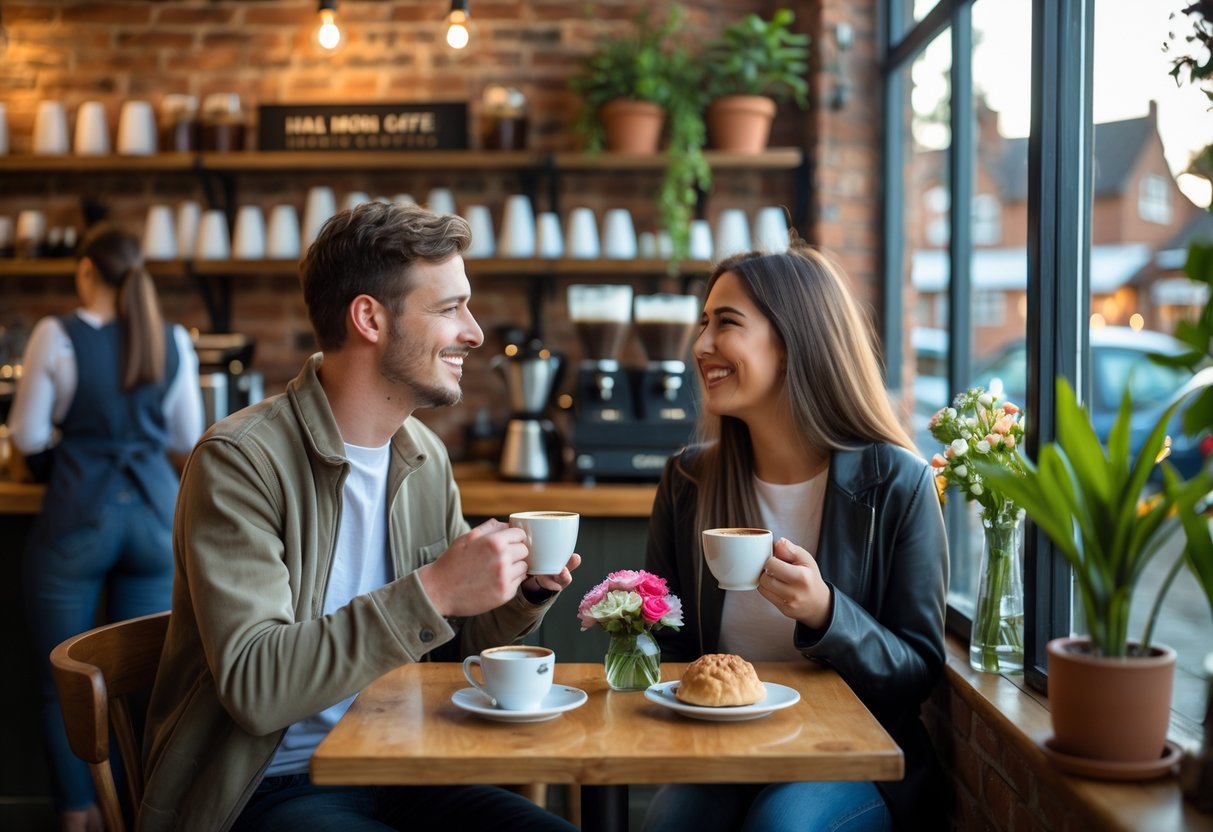 A young couple enjoying coffee together at a cozy cafe table near a window.