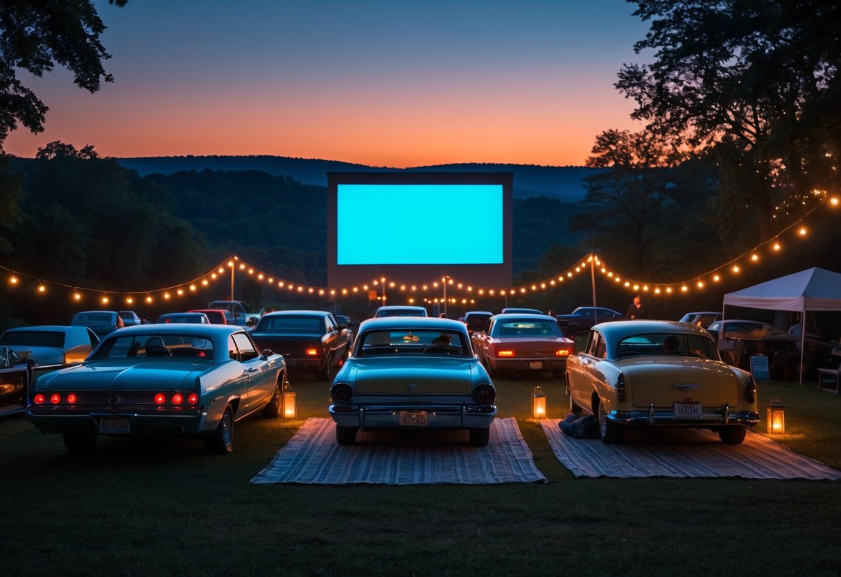Couples enjoying a romantic evening at an outdoor drive-in movie theater with cars parked facing a large screen at dusk.