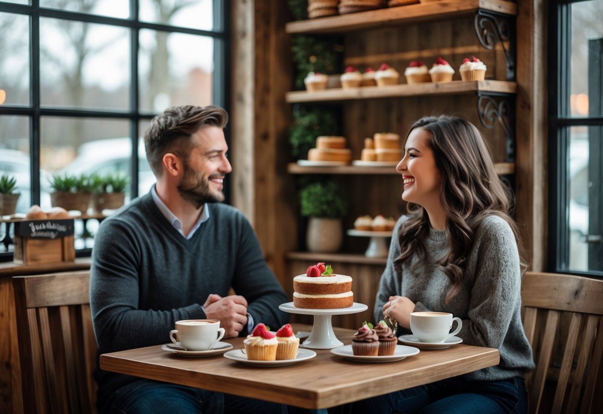 A couple enjoying desserts and drinks together at a small table inside a cozy bakery.