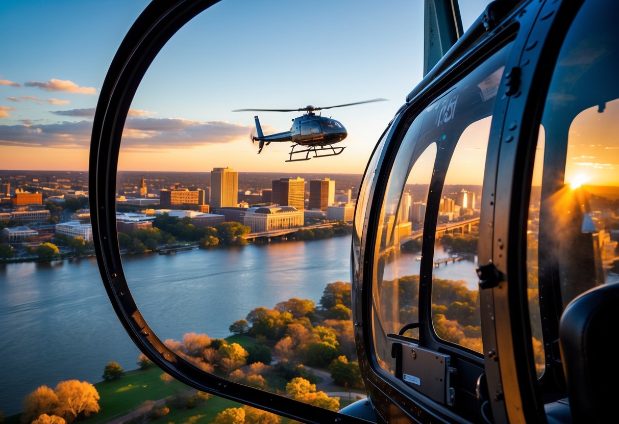 A helicopter flying over the Richmond city skyline and the James River at sunset.