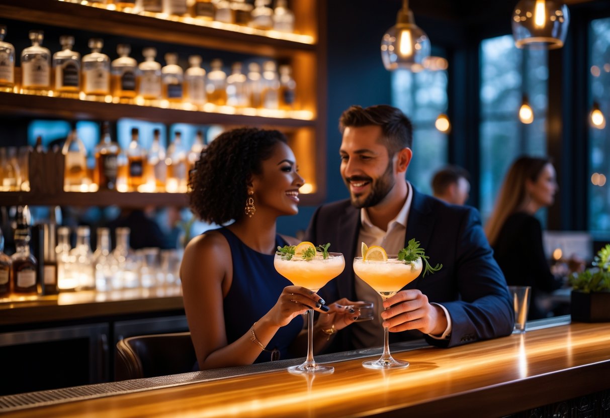 A couple enjoying craft cocktails at a stylish bar with warm lighting and elegant decor.