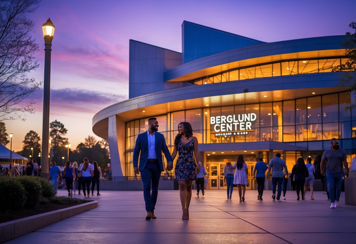 A couple walking hand in hand toward the entrance of a modern concert venue at dusk with other people around.