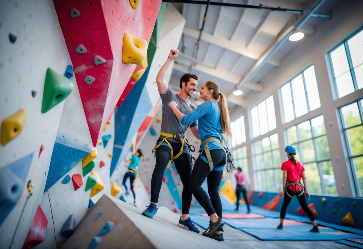 A young couple climbing on colorful indoor climbing walls at a gym, wearing harnesses and casual athletic clothes.