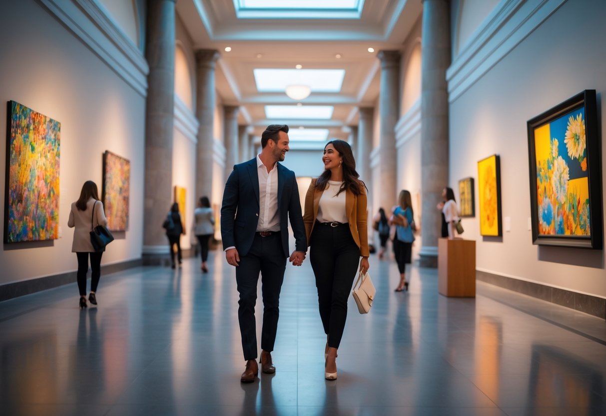A couple walking hand-in-hand inside an art museum gallery surrounded by colorful paintings and sculptures.