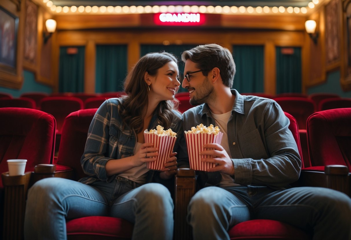 A young couple sitting together in a vintage movie theater watching a film, sharing popcorn and drinks.
