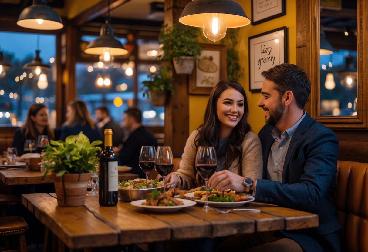 A couple enjoying a romantic dinner together at a cozy restaurant with warm lighting and rustic decor.