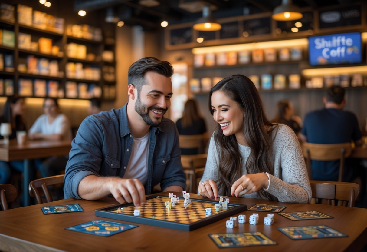 A couple playing a board game together at a cozy game café, smiling and enjoying their time.
