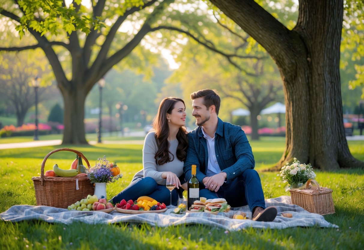 A young couple enjoying a picnic on a blanket in a green park with trees and flowers around them.