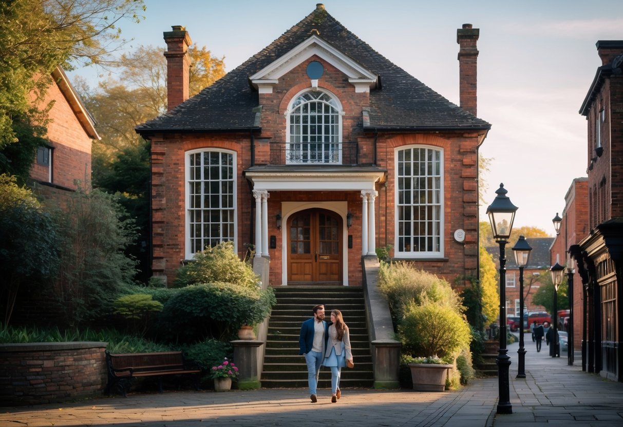 A historic staircase house in Stockport with a young couple walking nearby on a sunny day surrounded by greenery.