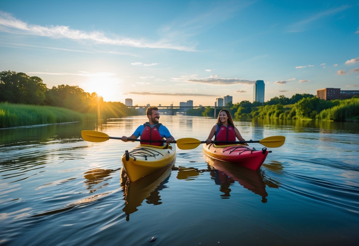 A couple kayaking together on a calm river with green trees and a city skyline in the background during sunset.