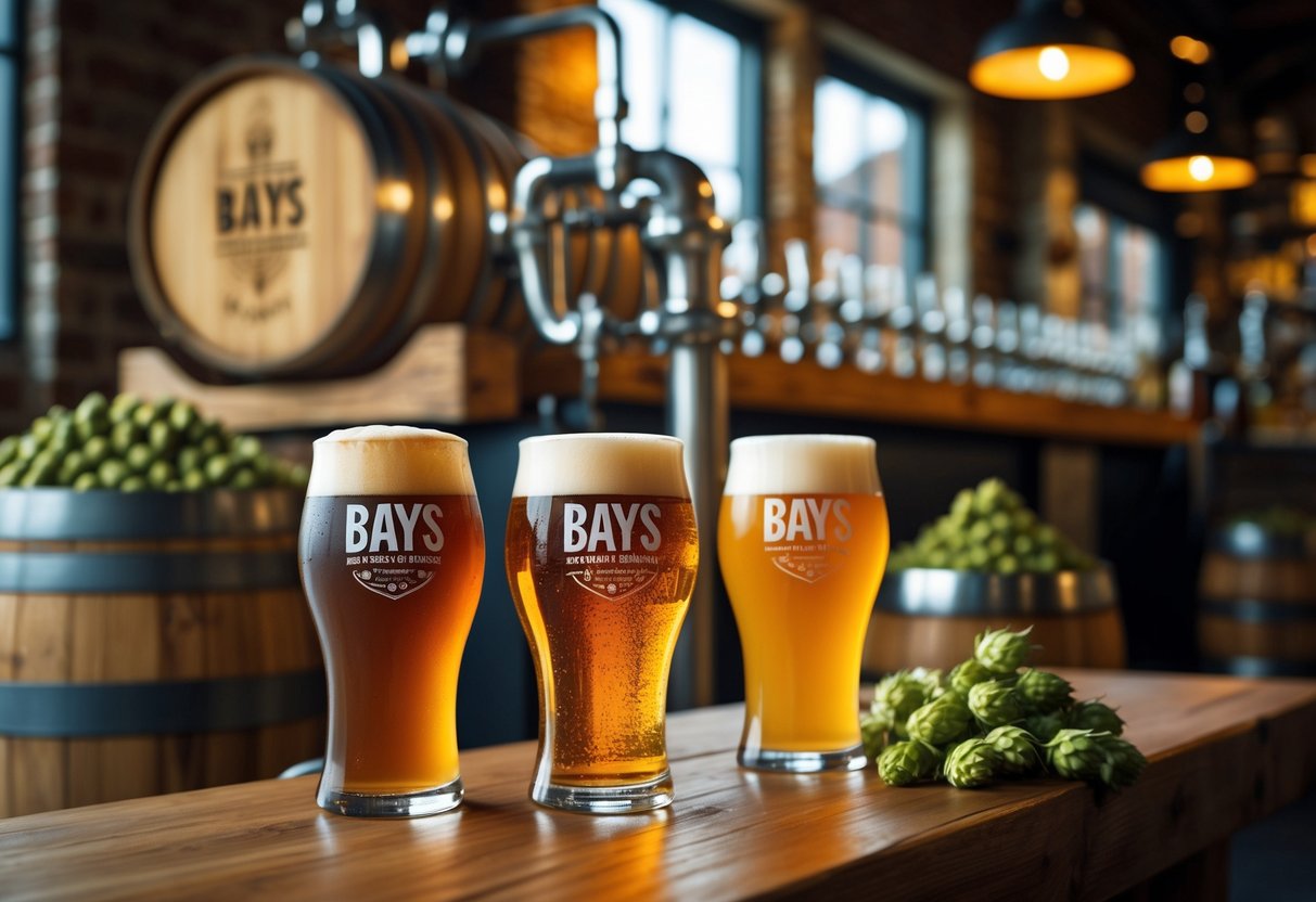 Two glasses of craft beer on a wooden table inside a brewery with barrels and brewing equipment in the background.